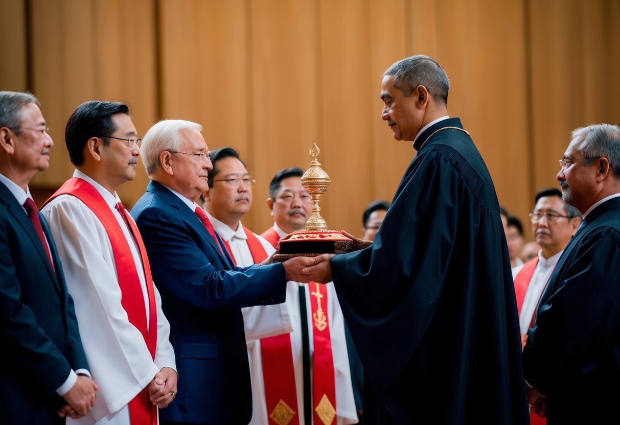 A figure stands before a group, receiving a ceremonial item and a symbol of authority, while others look on with reverence and respect