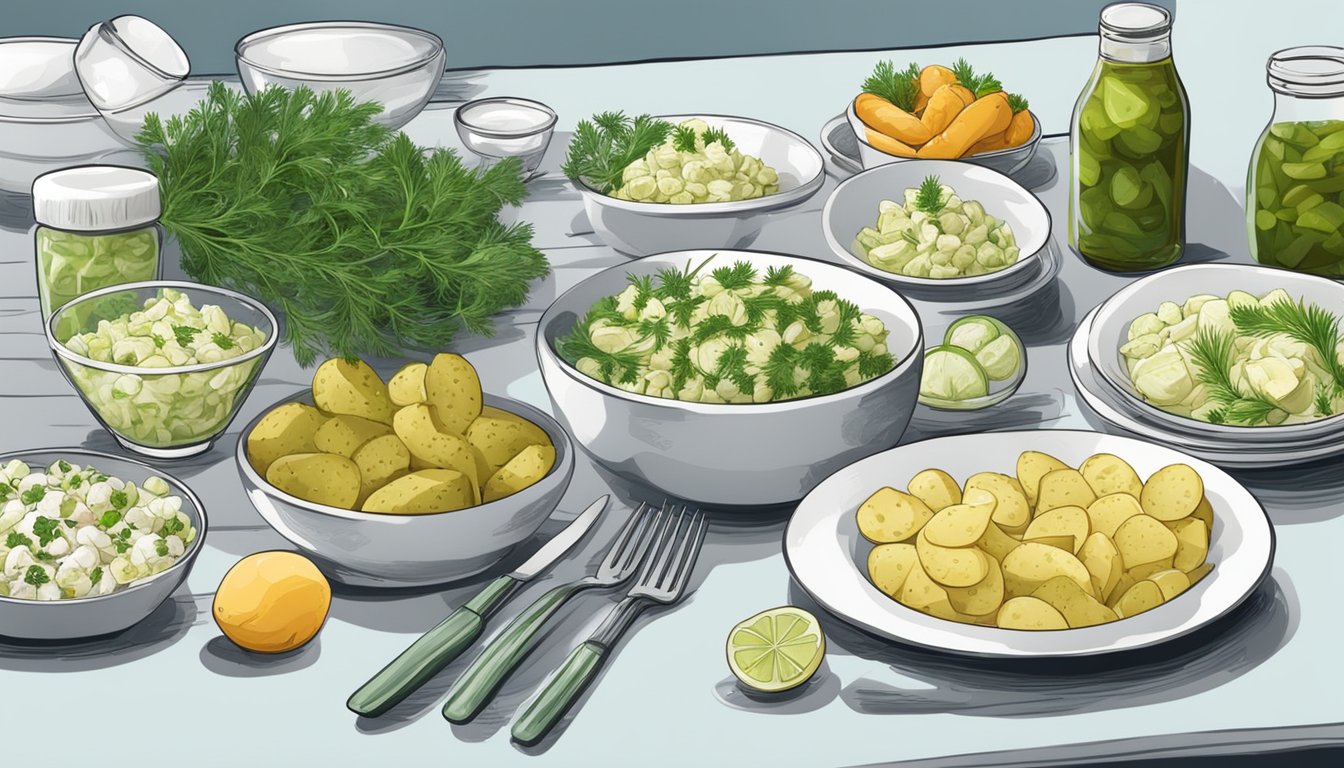 A table set with various dishes like potato salad, pickles, and fish, with dill substitutes such as parsley, tarragon, and fennel arranged nearby