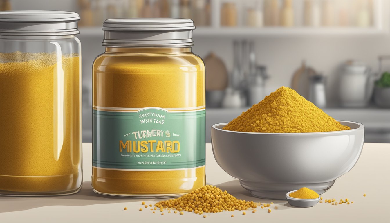 A jar of dry mustard powder sits next to various ingredients, including vinegar and turmeric, on a kitchen counter