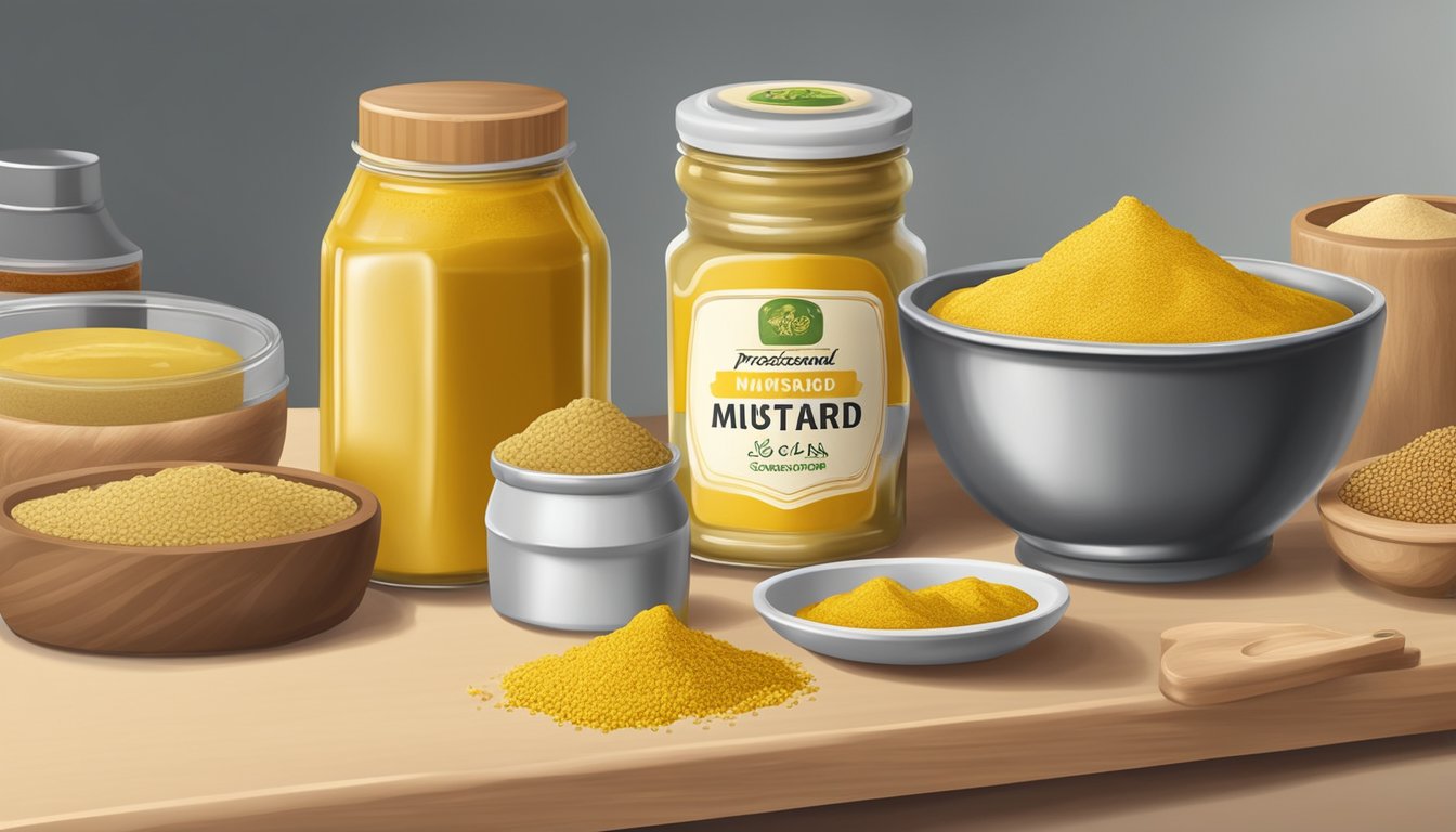 A jar of yellow mustard sits next to a bowl of dry mustard powder, surrounded by various condiments and sauces on a kitchen counter