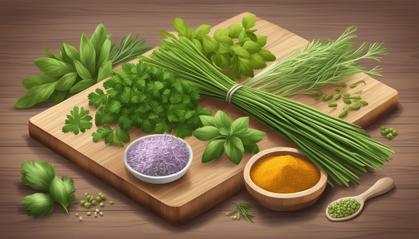 A variety of fresh herbs and spices arranged on a wooden cutting board, including parsley, tarragon, and chives