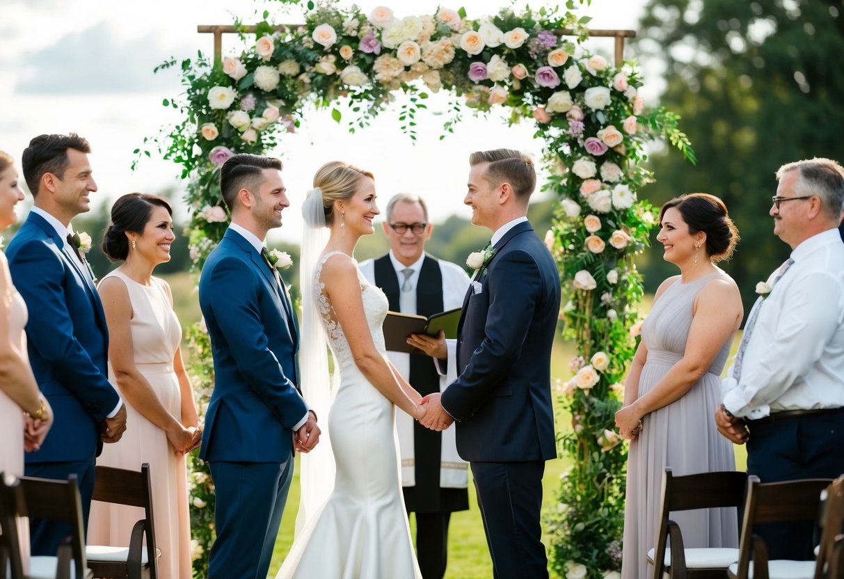A bride and groom stand facing each other under a floral arch, surrounded by family and friends. An officiant stands before them, ready to lead the wedding ceremony
