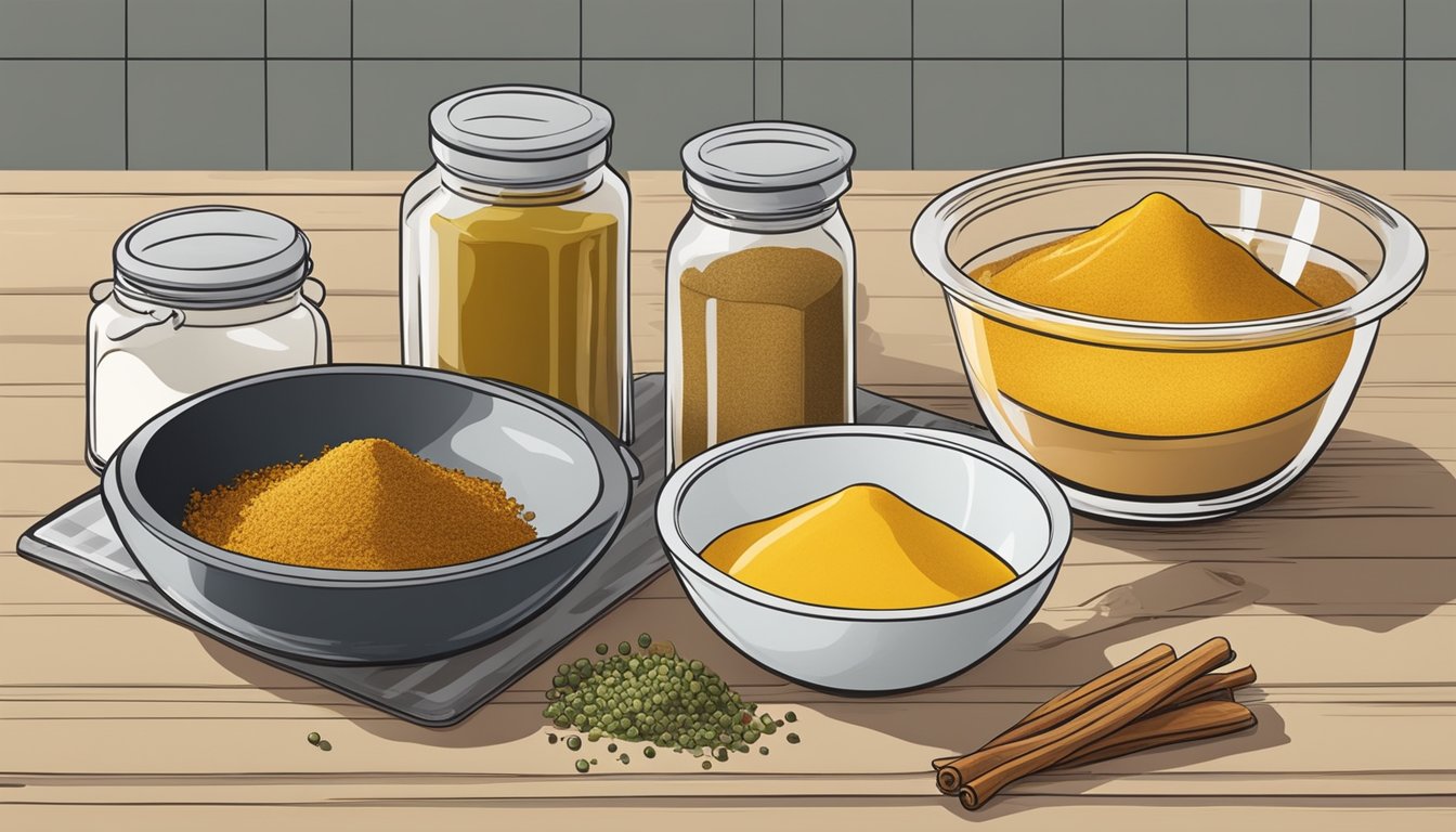 A kitchen counter with various containers of spices and ingredients, including mustard powder substitutes, next to a cutting board and a mixing bowl