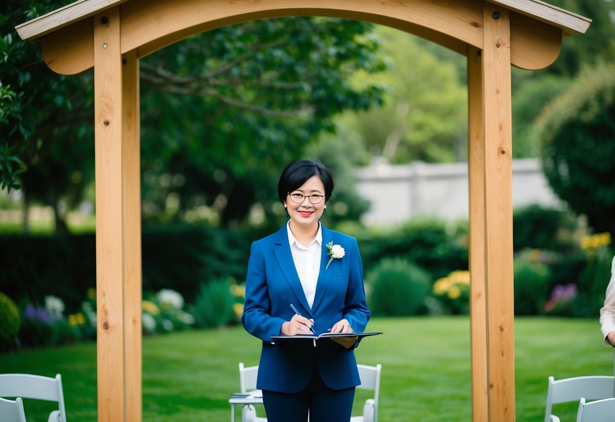 A person stands in front of a simple wooden archway in a garden setting, with chairs set up for guests and a small table for signing documents