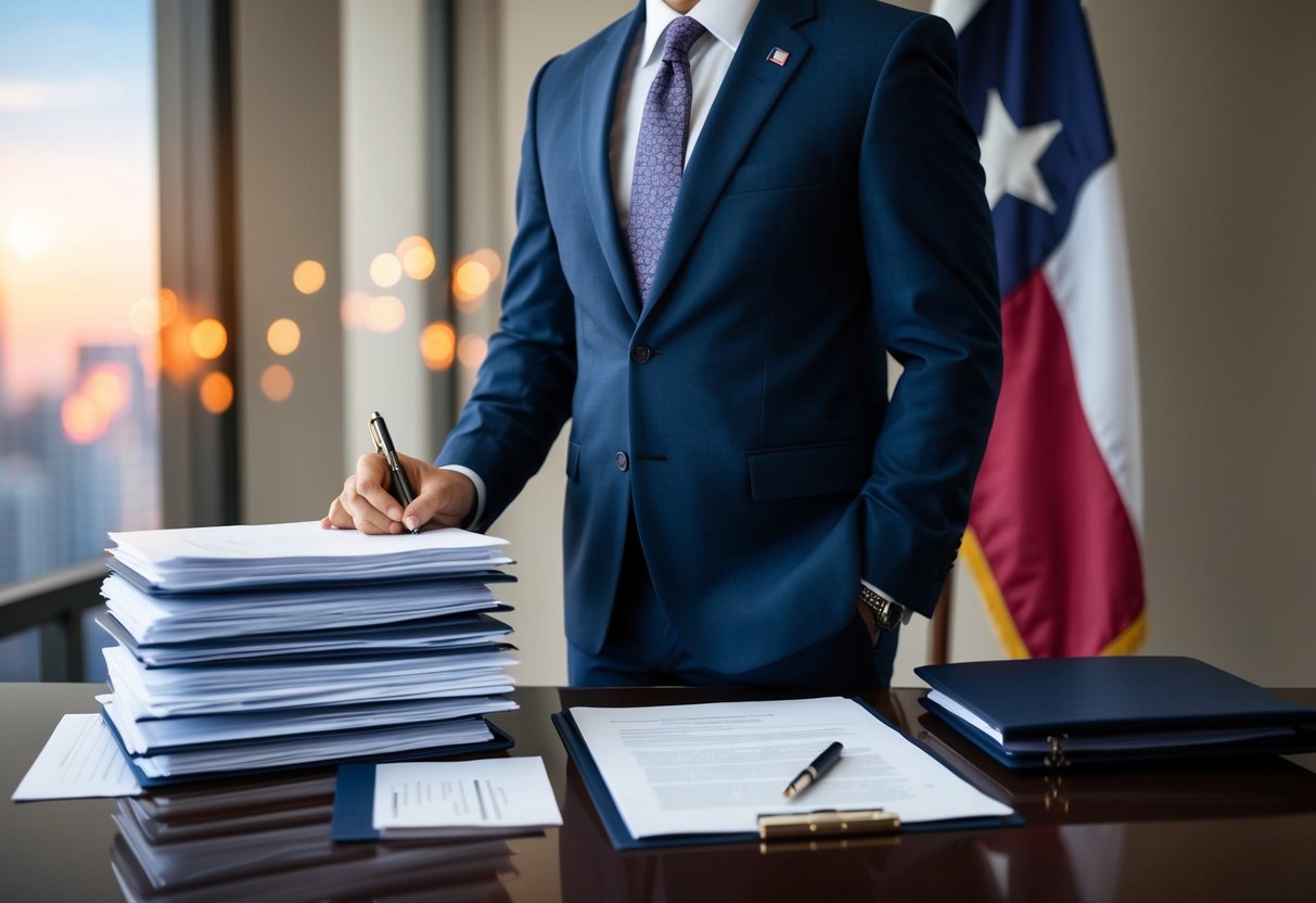 A person standing at a desk with a stack of legal documents, a pen, and a Texas state flag in the background
