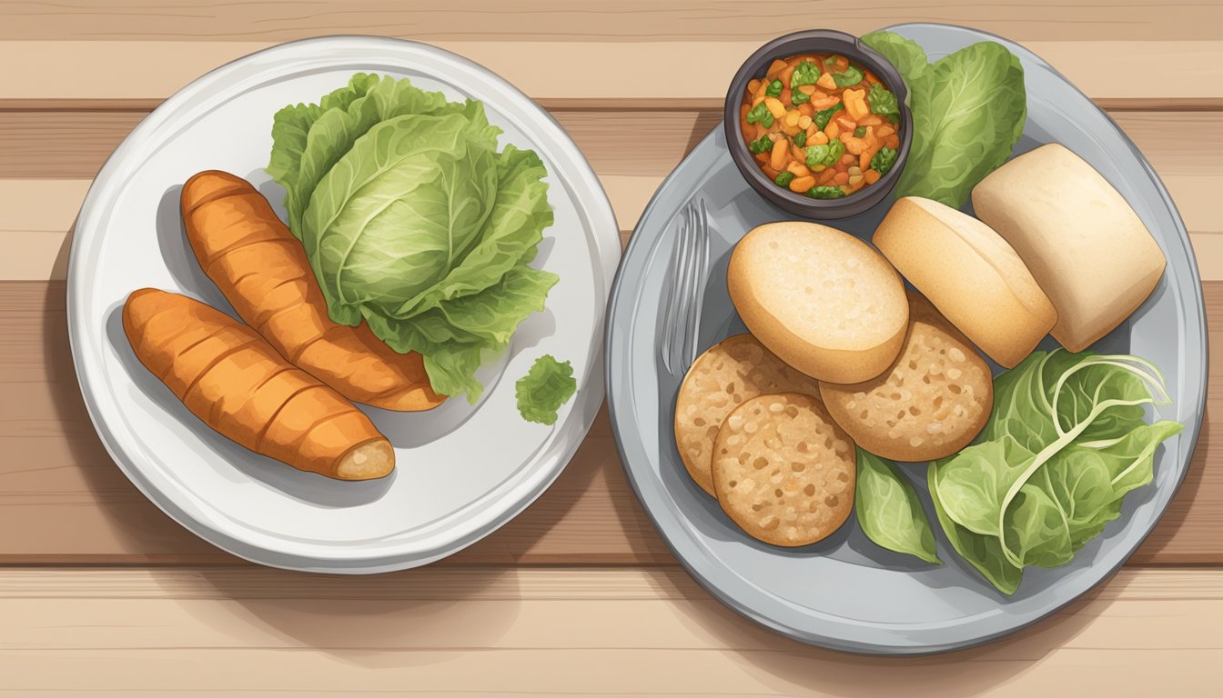 A table set with various non-bread options, such as lettuce wraps, rice cakes, and sweet potato slices, alongside traditional dinner rolls