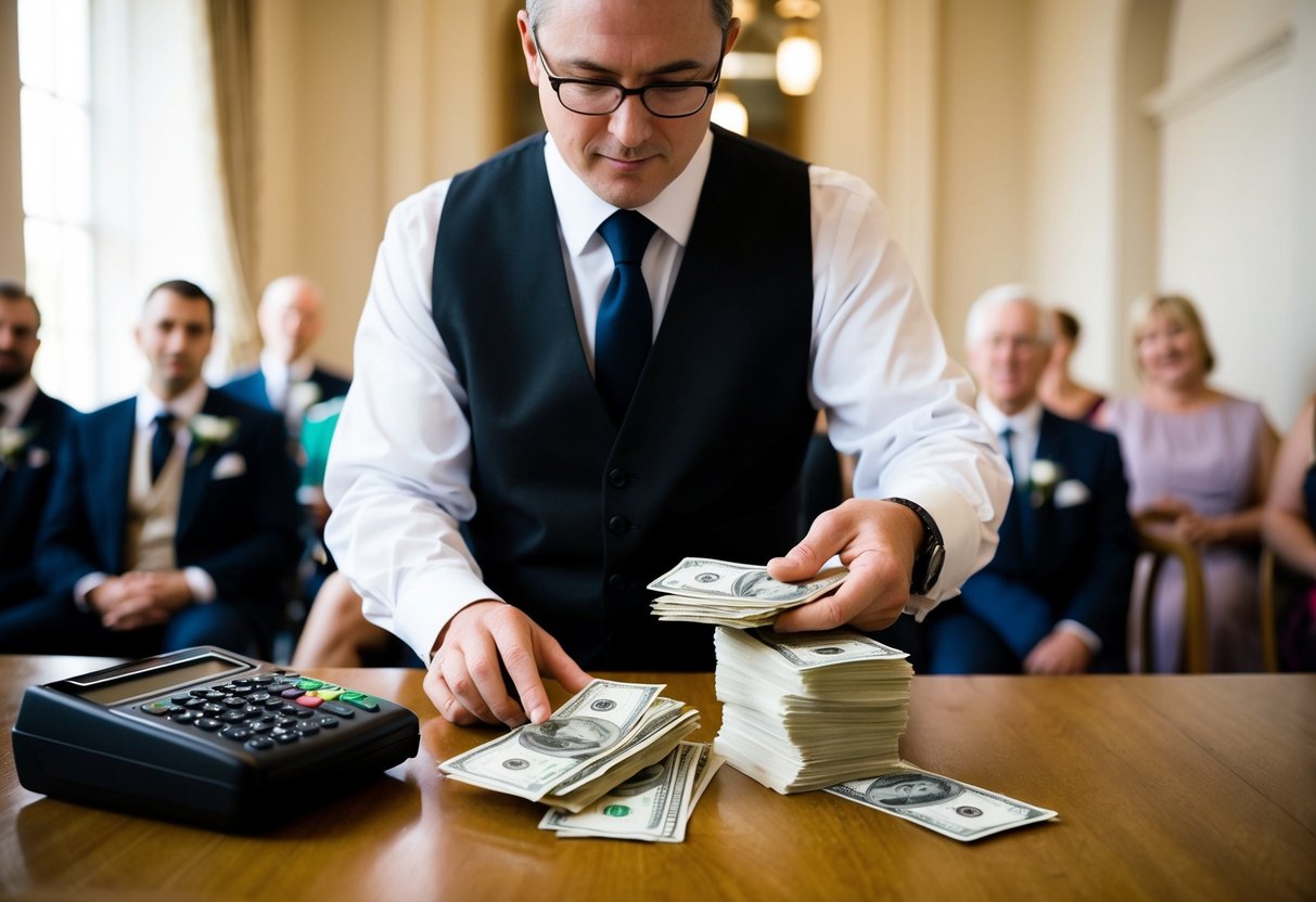 A wedding officiant counting money from a stack of bills in the UK