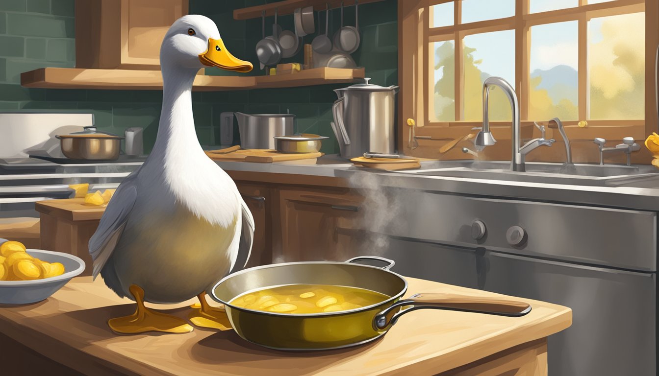 A duck waddles through a kitchen, its feathers glistening with golden fat. A jar of olive oil sits next to a pan