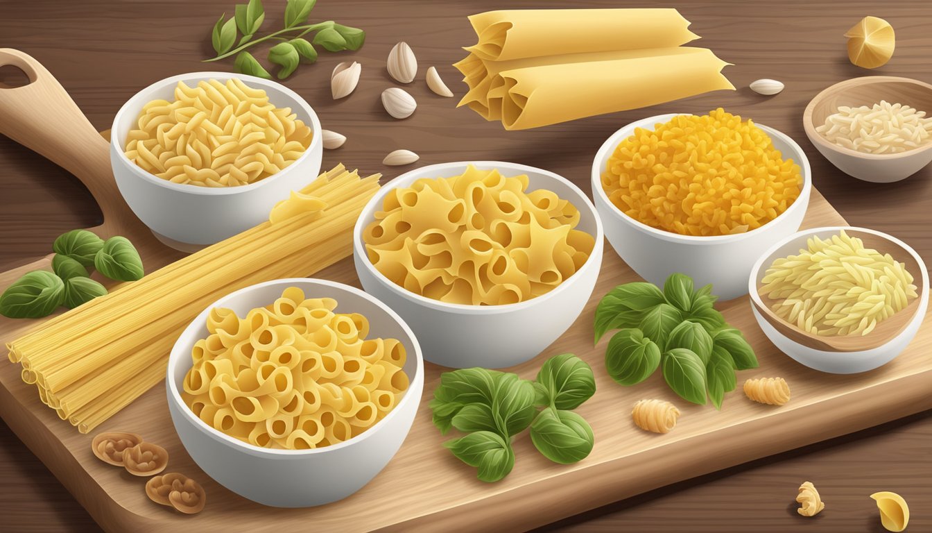 A variety of pasta shapes arranged on a wooden cutting board, including ditalini substitutes such as small shells and orzo