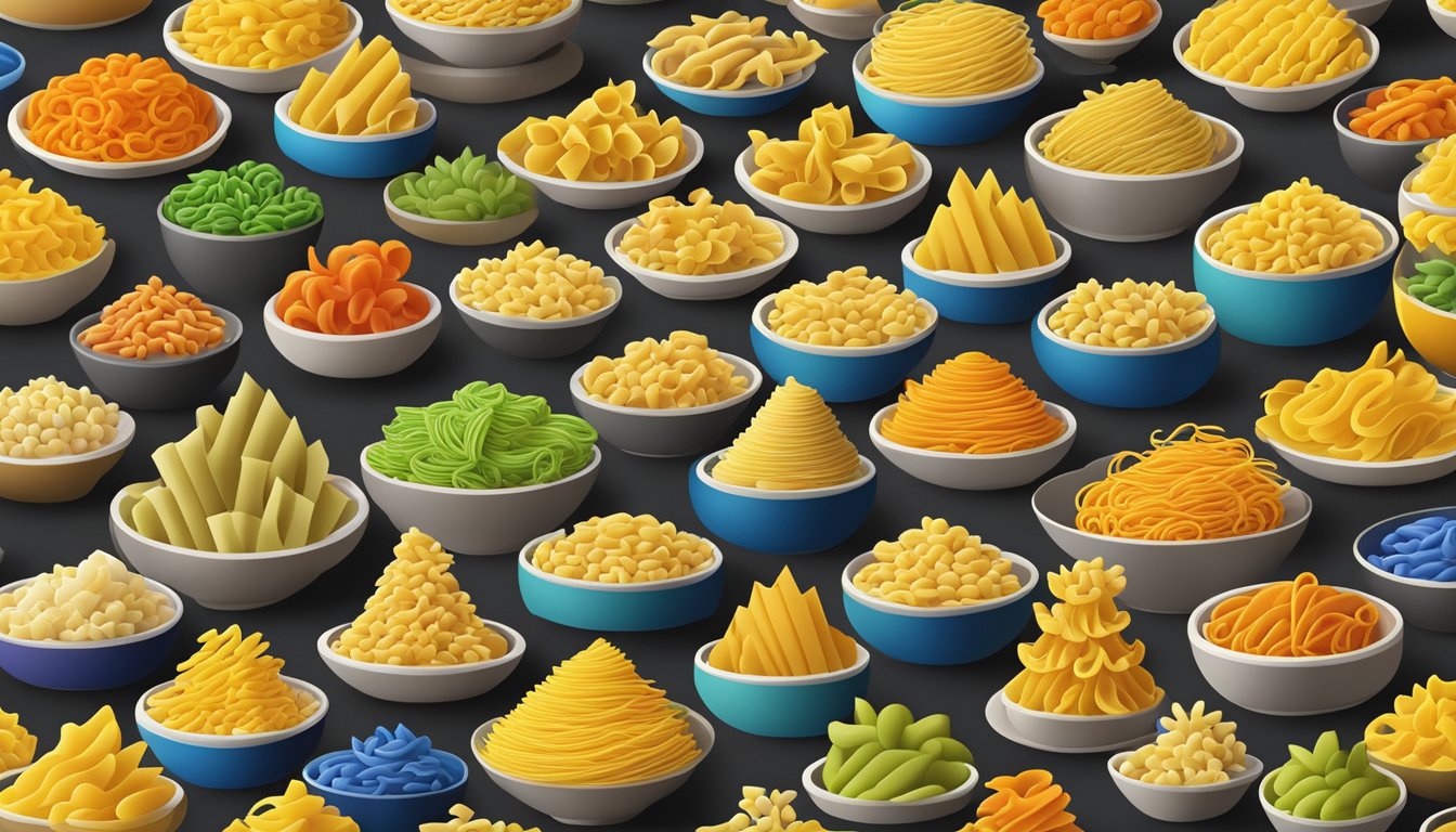 A variety of small pasta shapes arranged in a colorful and appetizing display