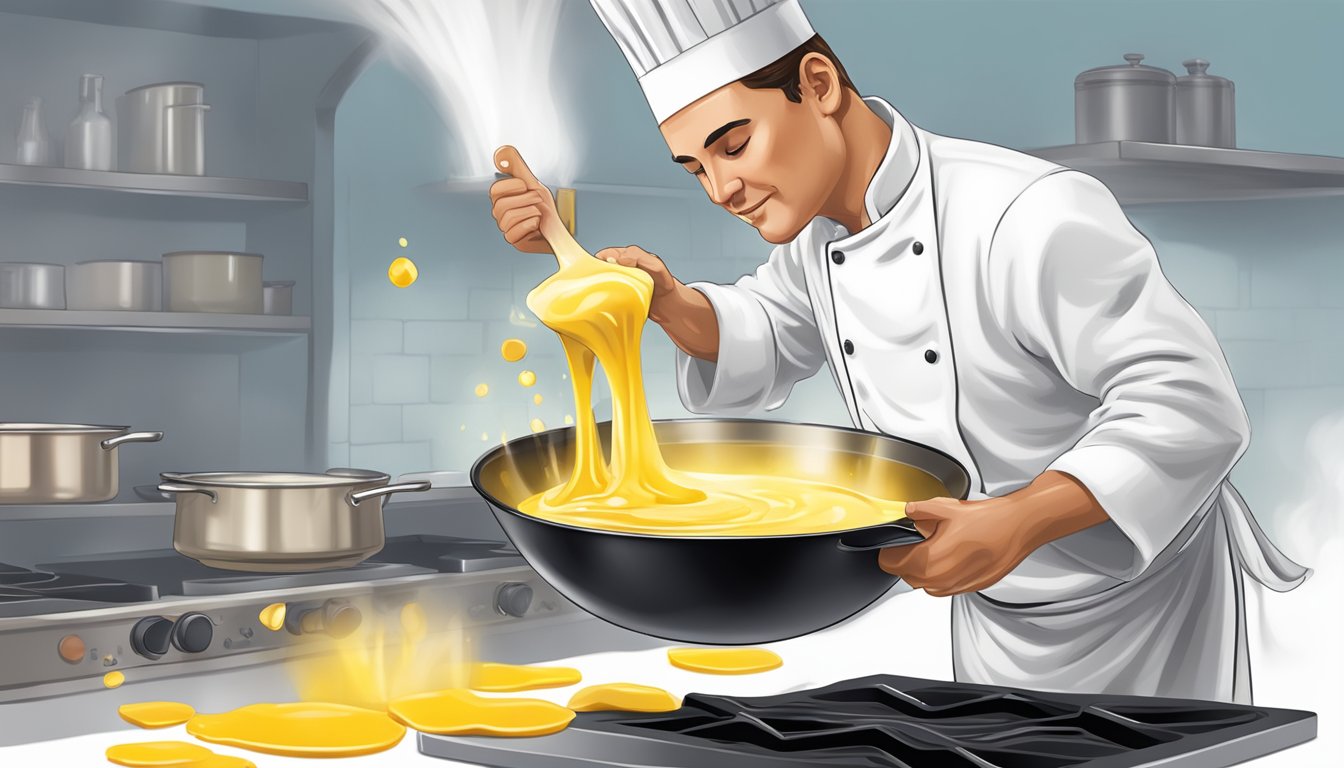 A chef pouring a small amount of melted butter into a hot skillet