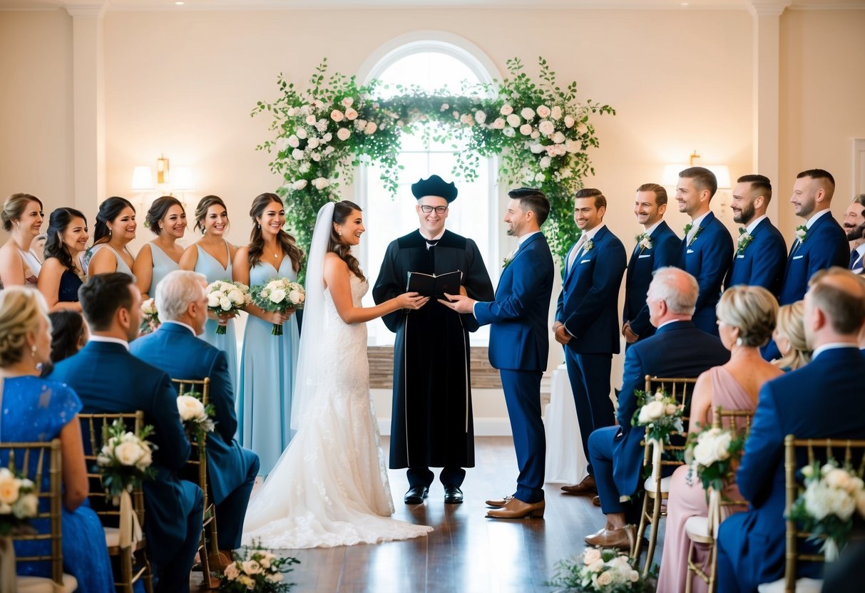 A wedding officiant stands at the front of a beautifully decorated ceremony space, surrounded by happy guests and a loving couple exchanging vows