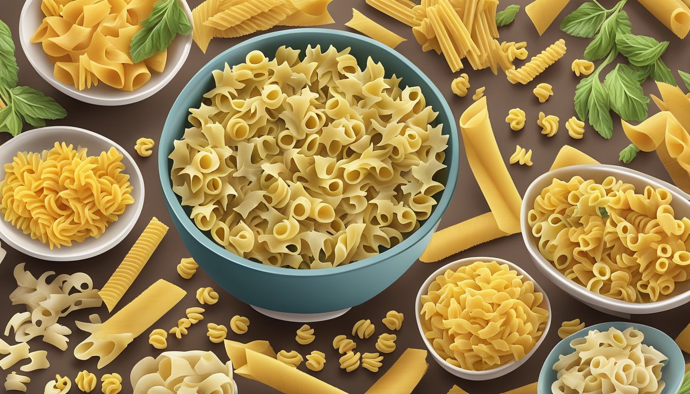 A bowl of ditalini pasta surrounded by various alternative pasta shapes like penne, fusilli, and farfalle