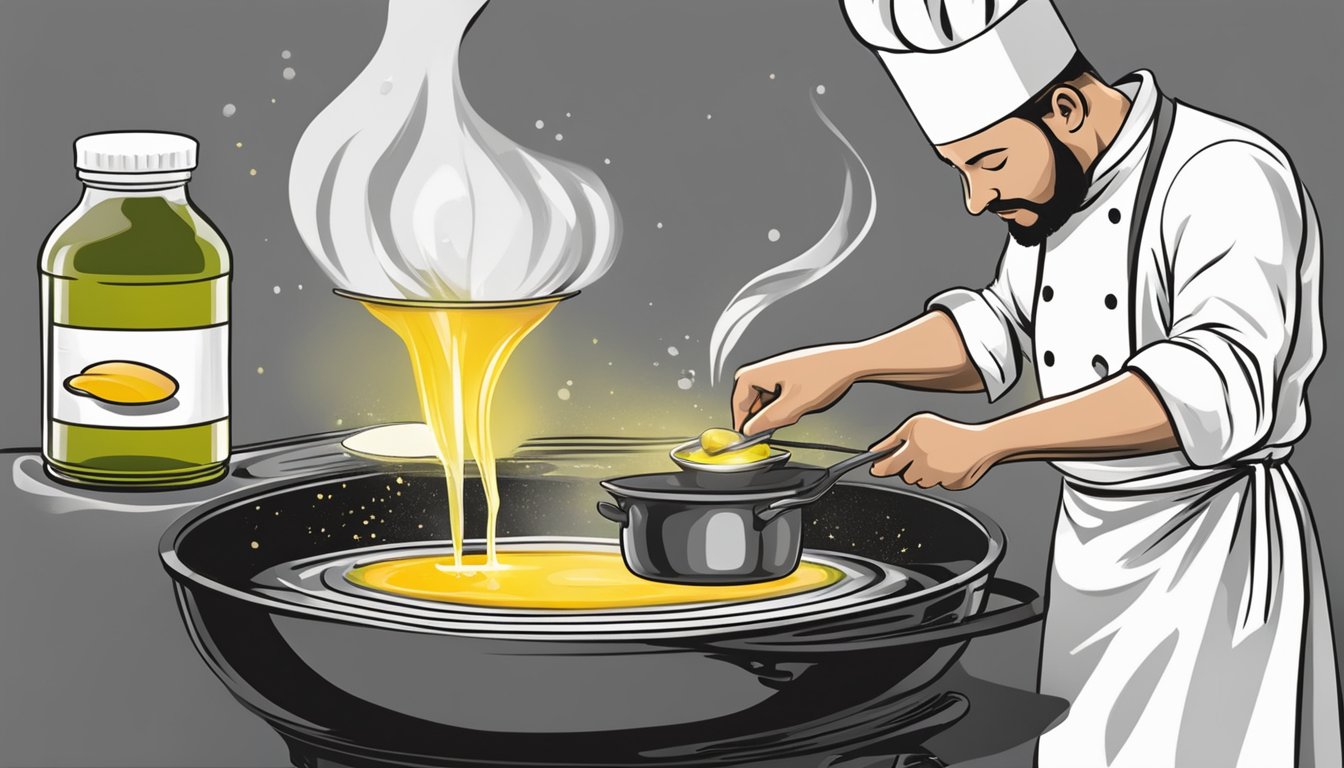 A chef pouring olive oil into a sizzling pan instead of duck fat