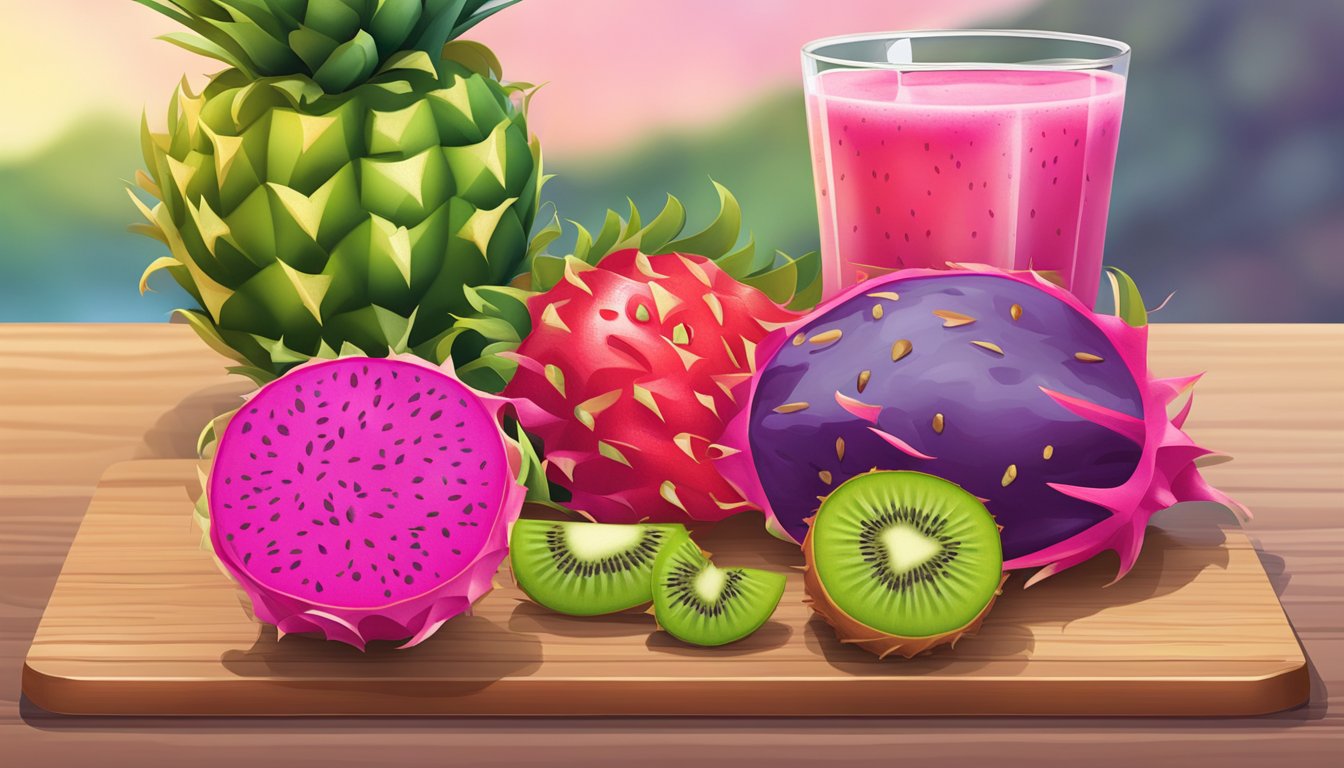 A colorful array of dragon fruit, kiwi, and strawberries arranged on a wooden cutting board. A glass of dragon fruit smoothie sits beside it