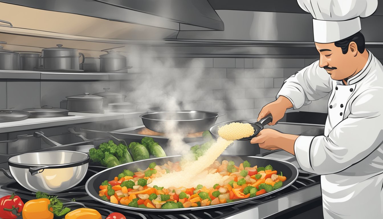 A chef pouring duck fat substitutes onto a sizzling pan of vegetables and meat, creating a flavorful enhancement