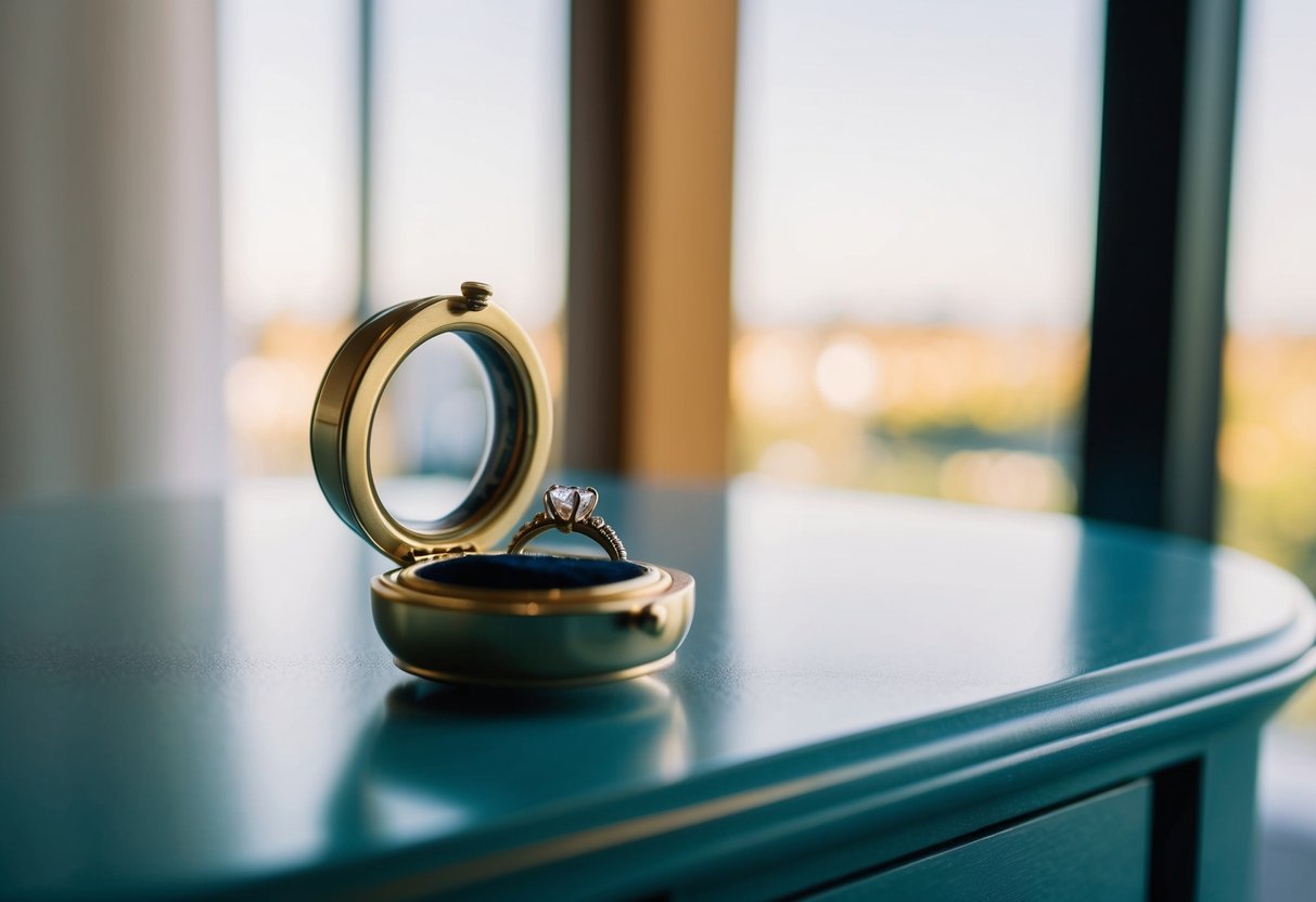 A wedding ring and a heart-shaped locket on a bedside table