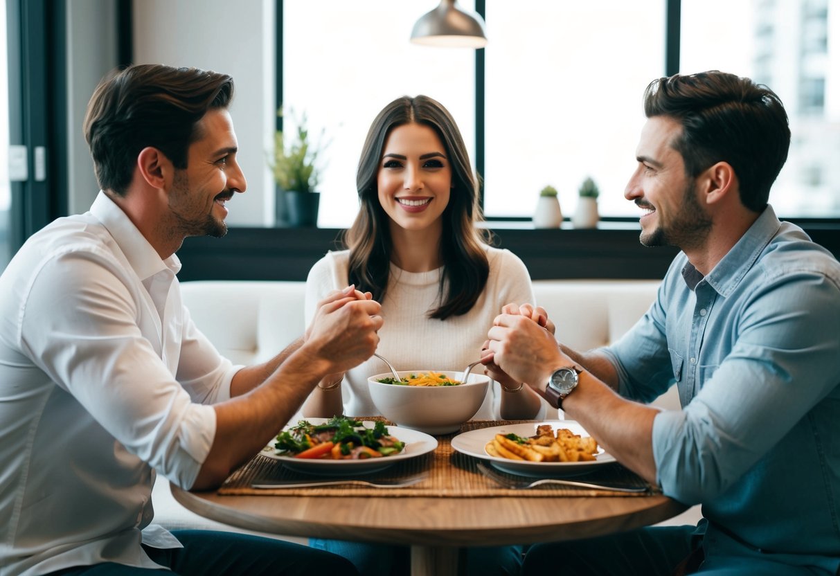 A married woman sits between her husband and boyfriend, holding hands with both, while sharing a meal together