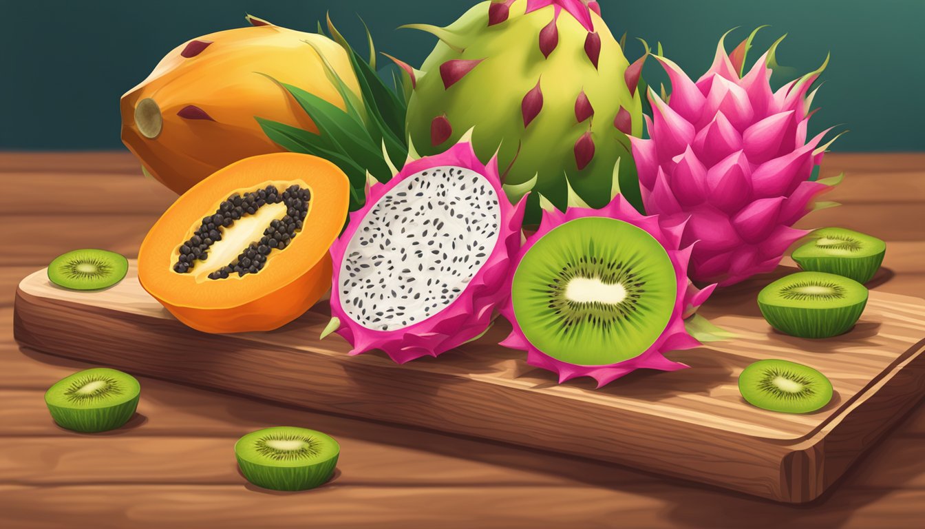 A vibrant display of pitaya, papaya, and kiwi on a wooden cutting board