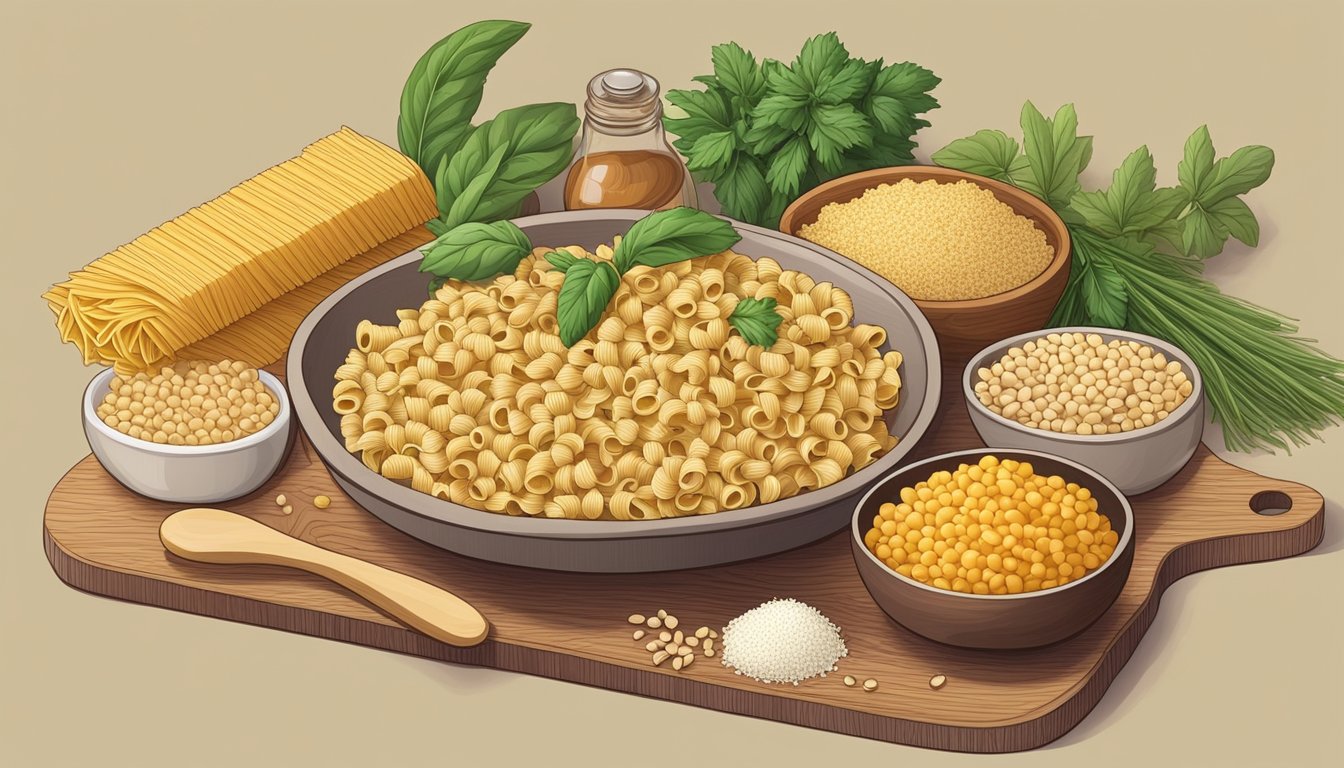 A wooden cutting board with various ingredients surrounding a bowl of ditalini pasta, including alternative substitutes like quinoa and barley