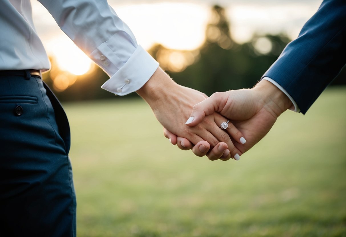 A woman wearing a wedding ring on her left hand while holding hands with another man