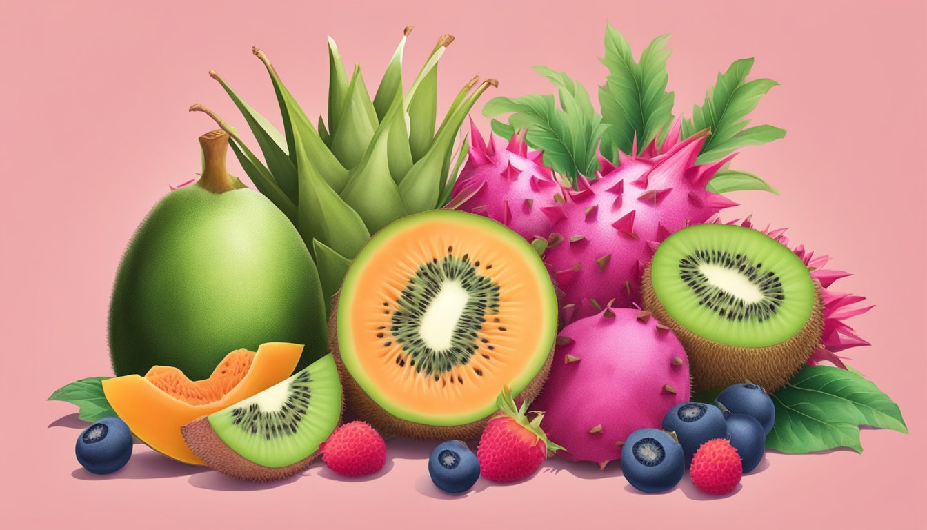 A person holding various fruits, including kiwi and papaya, while considering dragon fruit as a substitute