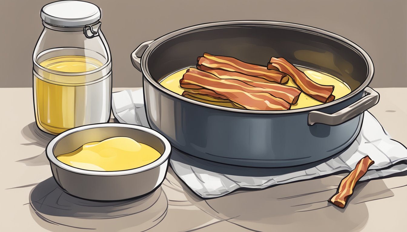 A pot of melted butter with a bowl of rendered bacon fat next to it