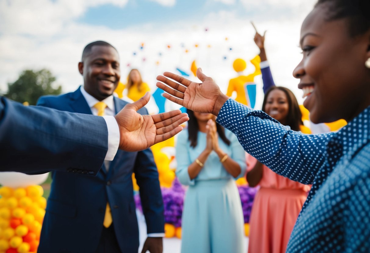 A person extends an open hand towards another, gesturing a request. A celebratory setting surrounds them, with symbols of unity and joy
