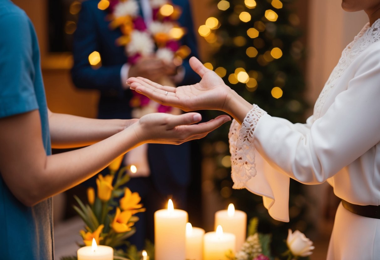 A figure extends an open palm towards another, symbolizing a request or invitation. They stand in a warm, inviting setting, surrounded by elements of celebration such as flowers or candles