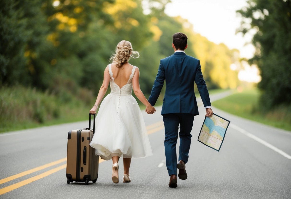 A couple running away together, holding hands, with a suitcase and a map, leaving a wedding dress and tuxedo behind