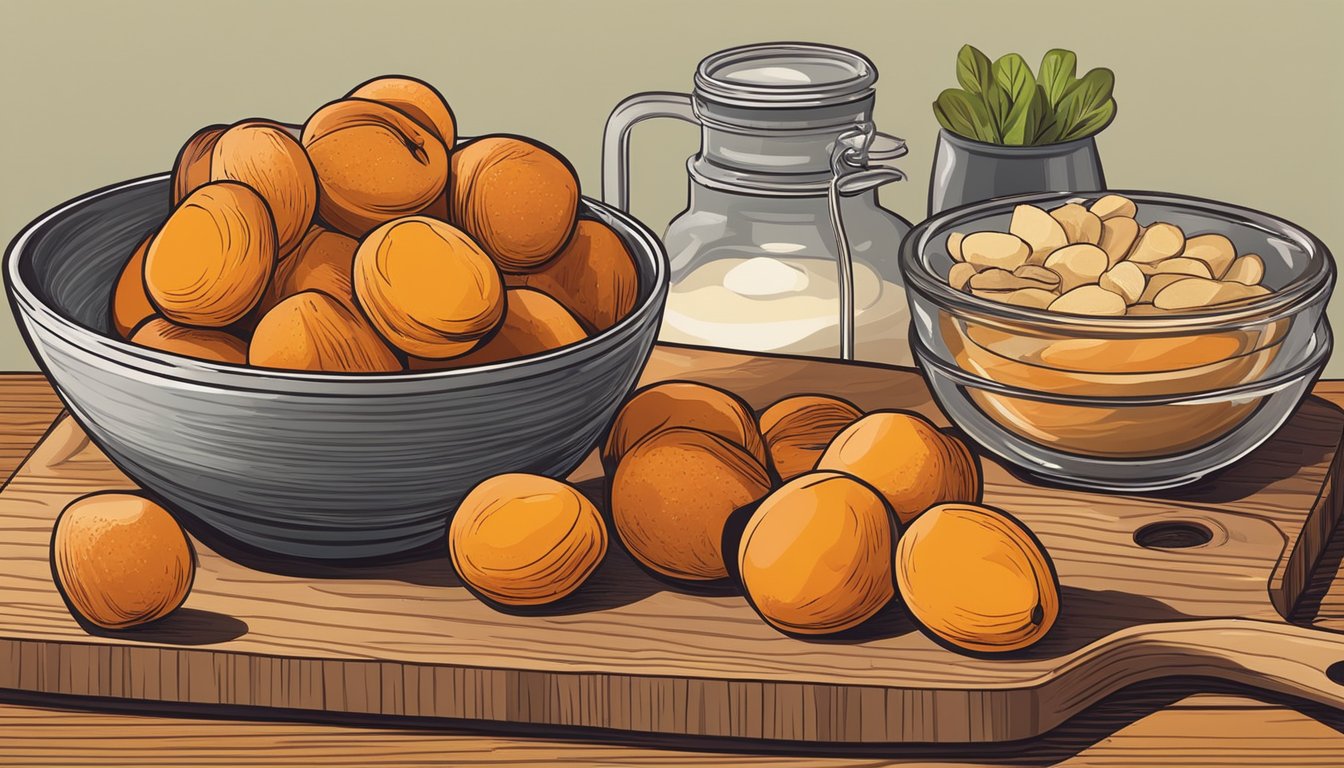 A bowl of dried apricots sits on a wooden cutting board surrounded by various cooking ingredients and utensils, ready to be used as a flavorful and nutritious addition to a culinary dish