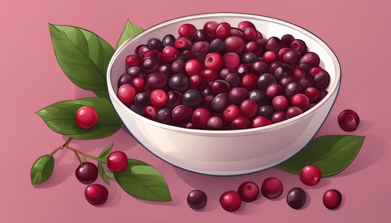 A bowl of dried cranberries surrounded by fresh cranberries and cranberry juice