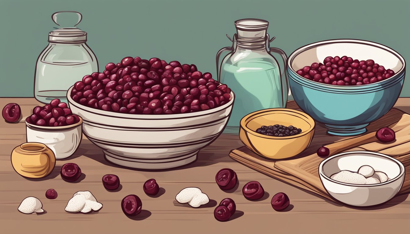 A bowl of dried cranberries next to ingredients for cooking and baking