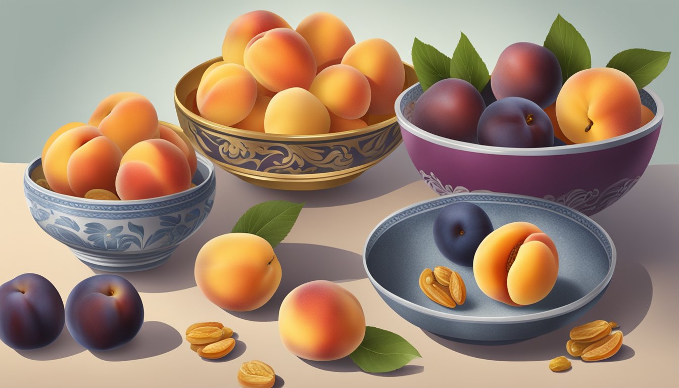 A bowl of fresh peaches and plums next to a pile of golden raisins and figs