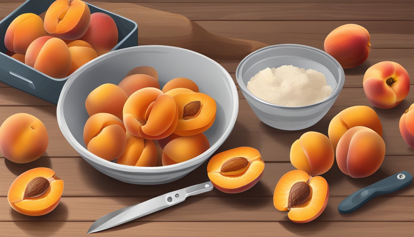 A bowl of dried apricots next to fresh peaches and nectarines on a wooden cutting board. A measuring cup and knife are also present