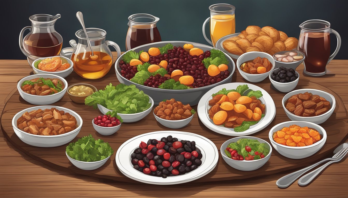 A rustic wooden table with a variety of savory dishes, including salads, stews, and roasted meats, adorned with alternative dried cranberry substitutes such as raisins, apricots, and cherries