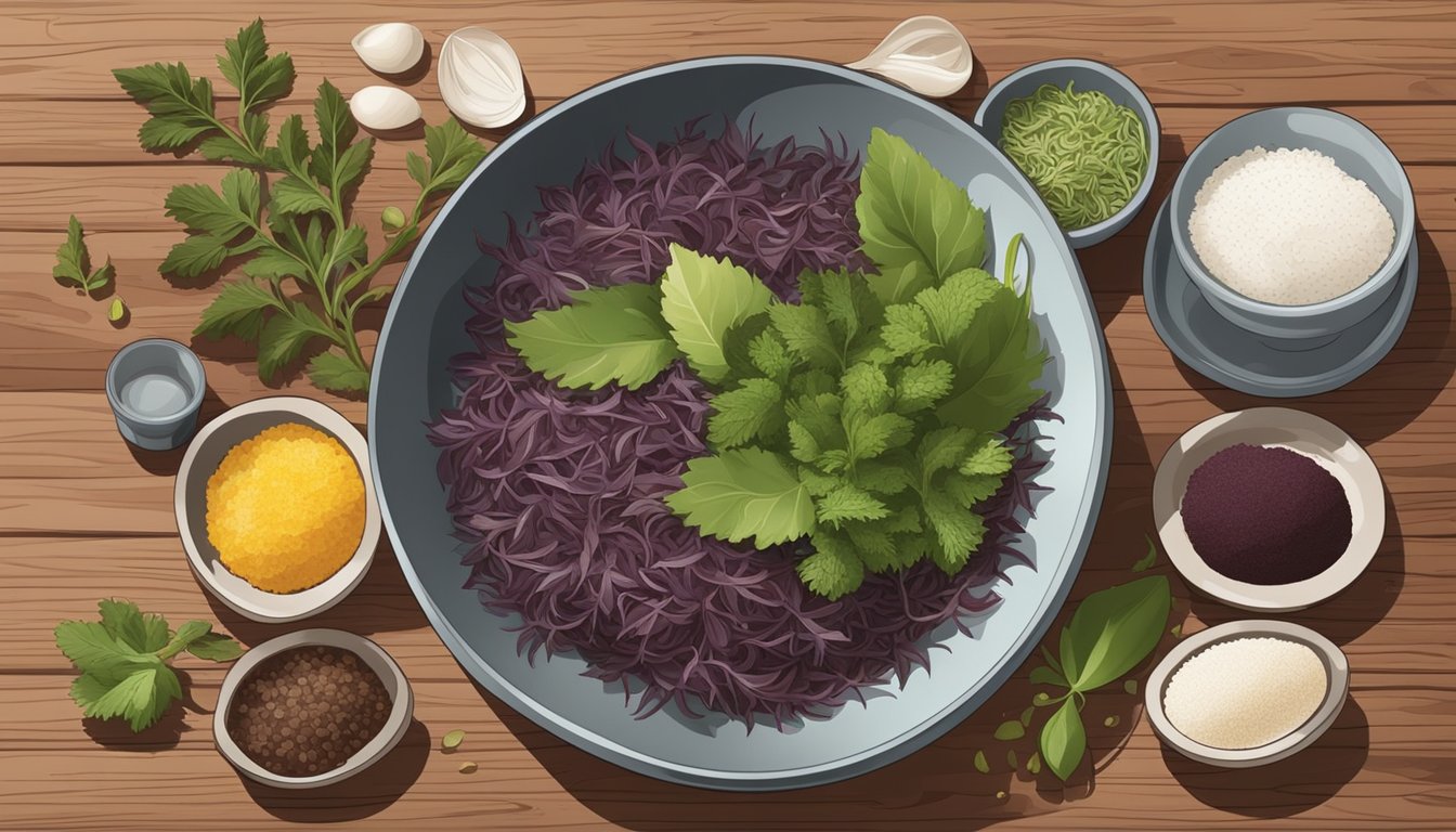 A bowl of dulse and various substitutes arranged on a wooden table, surrounded by fresh ingredients and cooking utensils