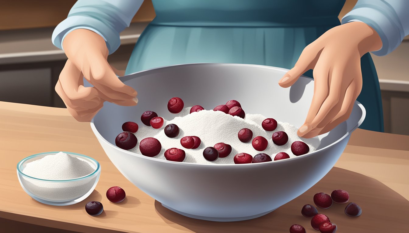 Dried cranberries being added to a mixing bowl of flour and sugar for baking