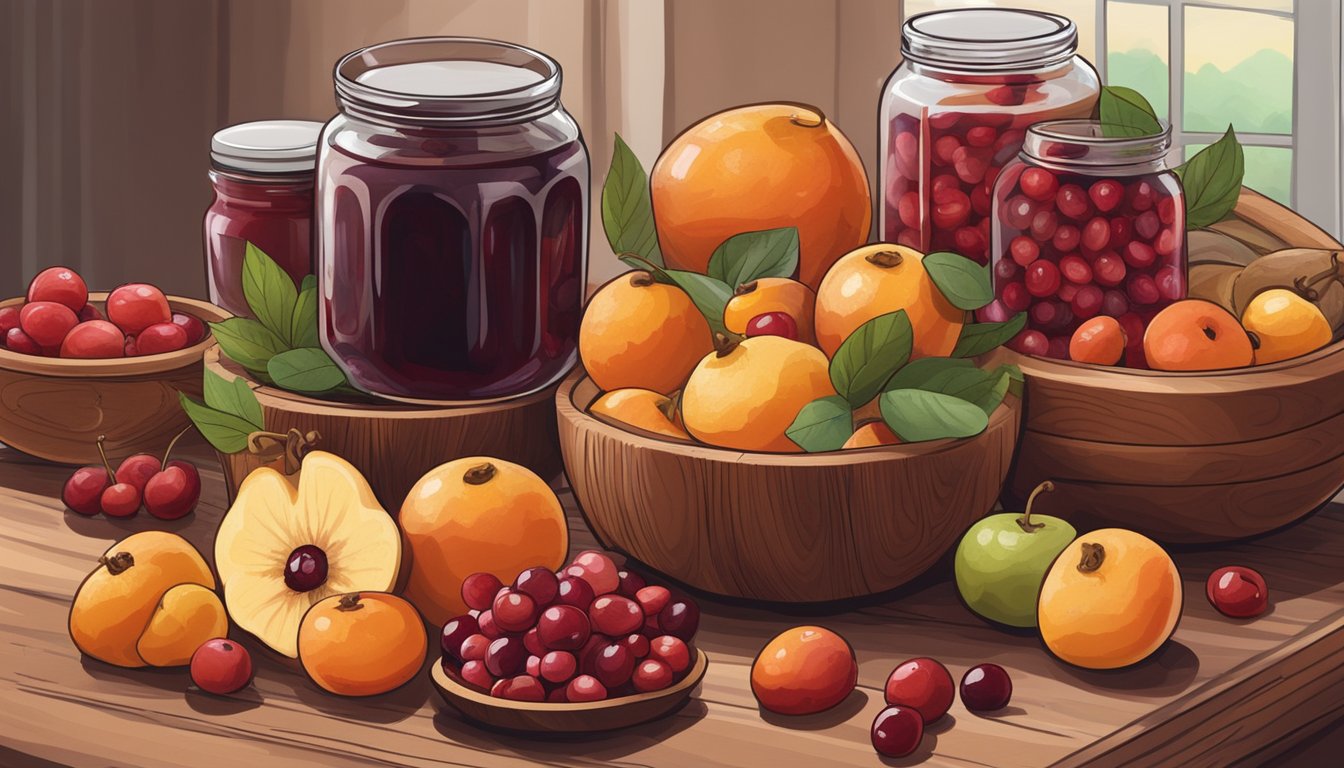 A variety of fresh and dried fruits, including cranberries, are arranged in a rustic wooden bowl on a kitchen counter. A jar of homemade jam sits nearby