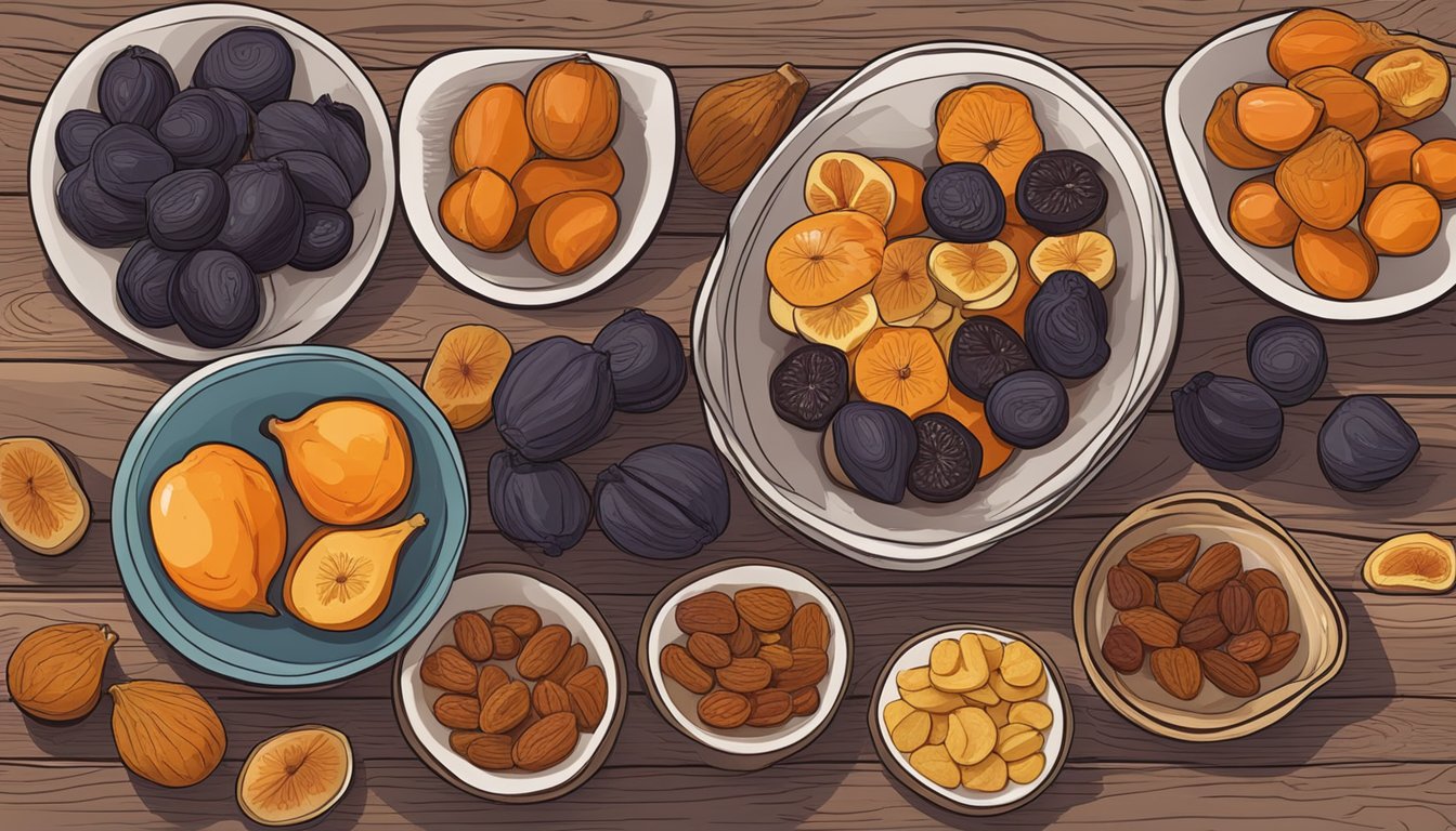 A variety of dried fruits arranged on a rustic wooden table, including figs, dates, and prunes, with a bowl of apricot jam in the background