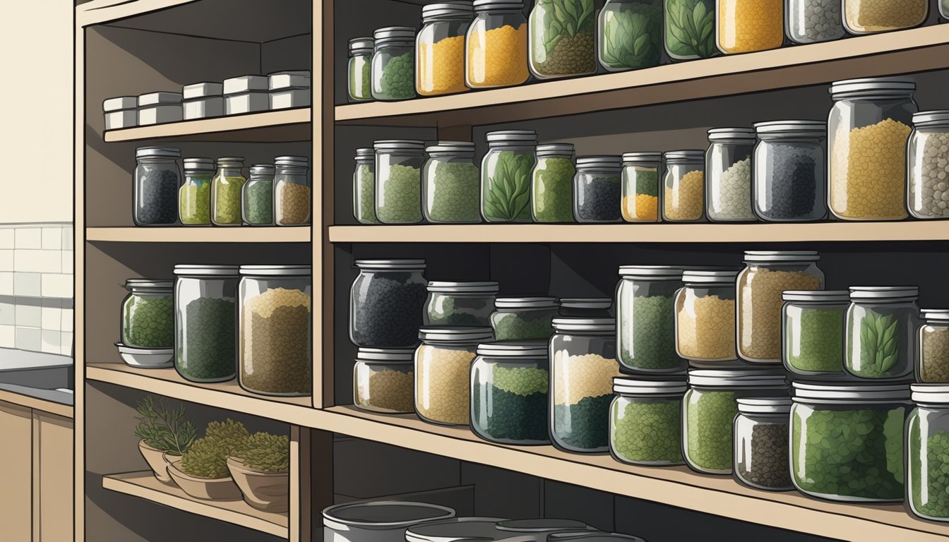 A variety of seaweed types arranged on shelves in a pantry, including nori, kombu, and wakame, with jars and containers for storage