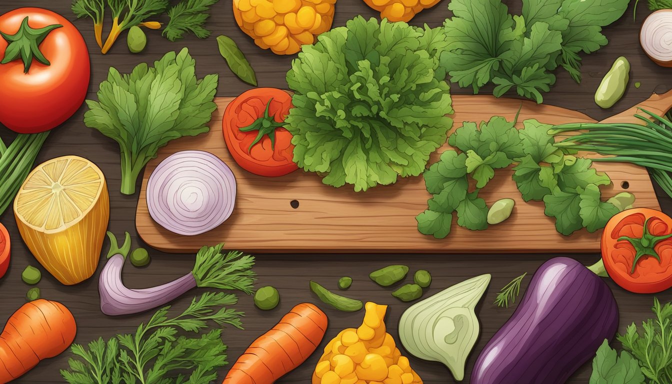 A colorful array of fresh vegetables and seaweed-like plants arranged on a wooden cutting board, with a variety of herbs and spices scattered around