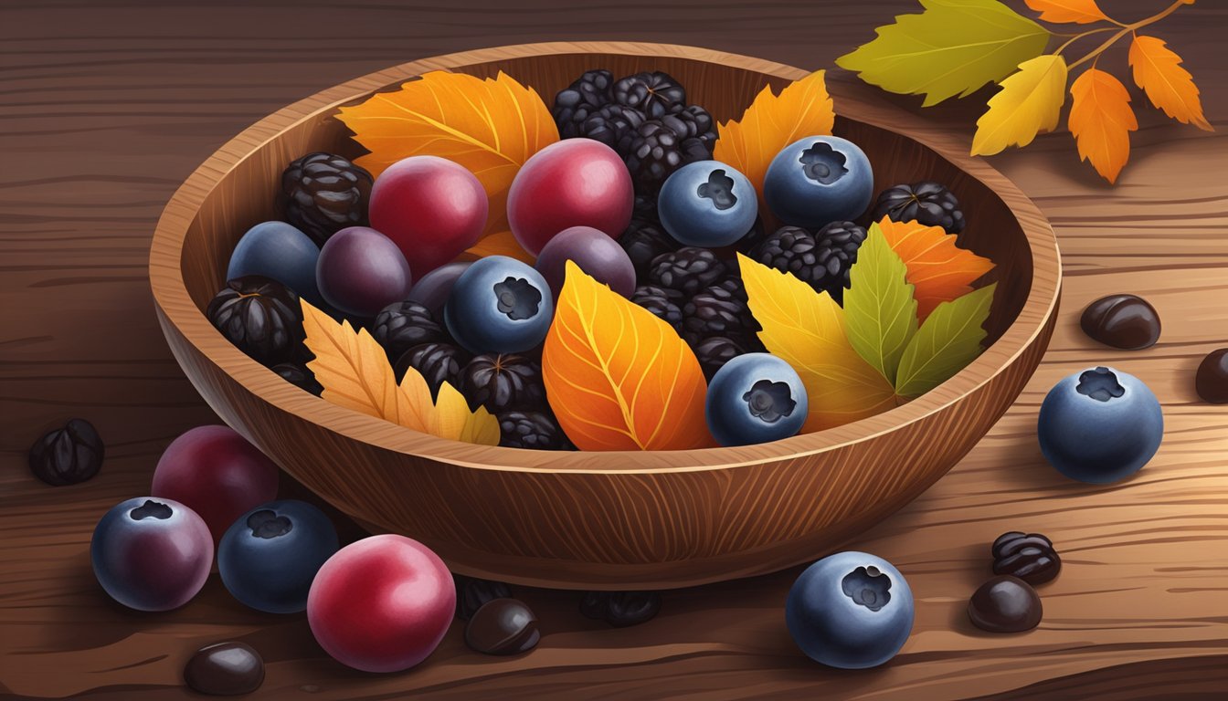 A rustic wooden bowl filled with assorted dried fruits, such as cherries, blueberries, and raisins, sits on a weathered tabletop next to fresh cranberries and autumn leaves