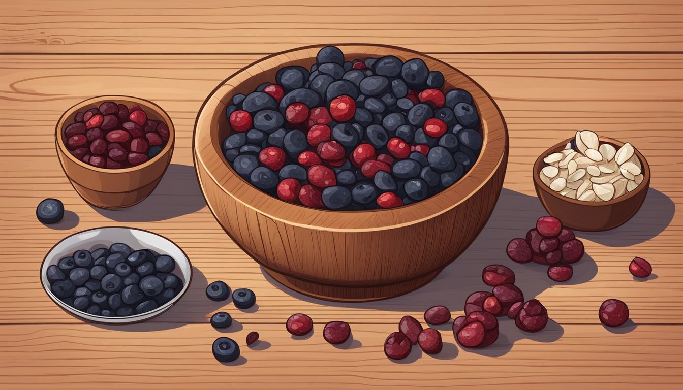 A bowl of dried cranberries next to various alternative substitutes like raisins, dried cherries, and dried blueberries on a wooden cutting board