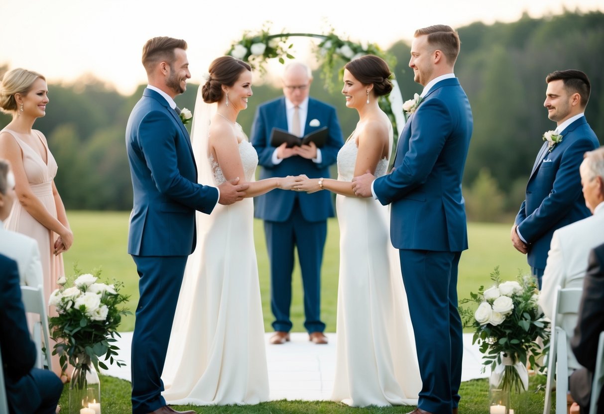 A non-religious wedding ceremony typically lasts around 20-30 minutes. The setting is often a serene outdoor location, with a simple arch or backdrop for the couple to exchange vows