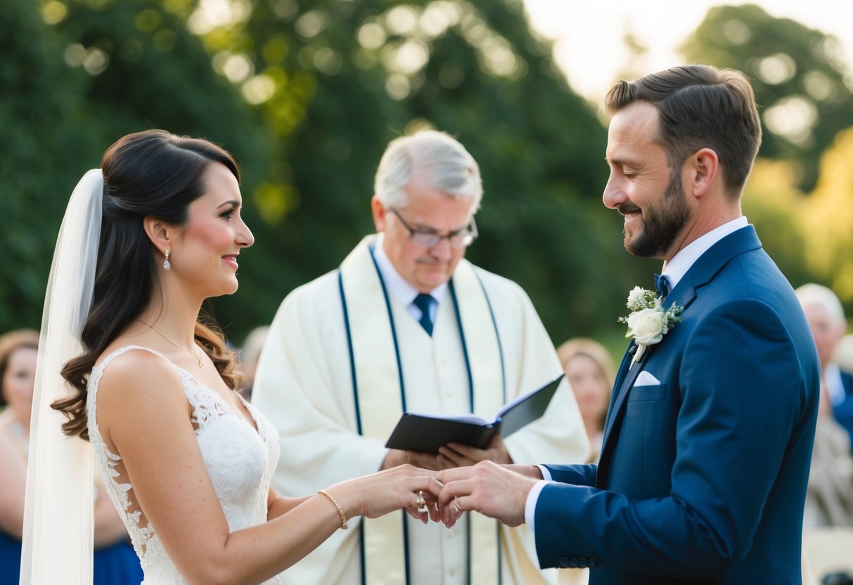 A non-religious wedding ceremony typically lasts around 20-30 minutes. The scene could depict a simple outdoor setting with a couple exchanging vows and rings