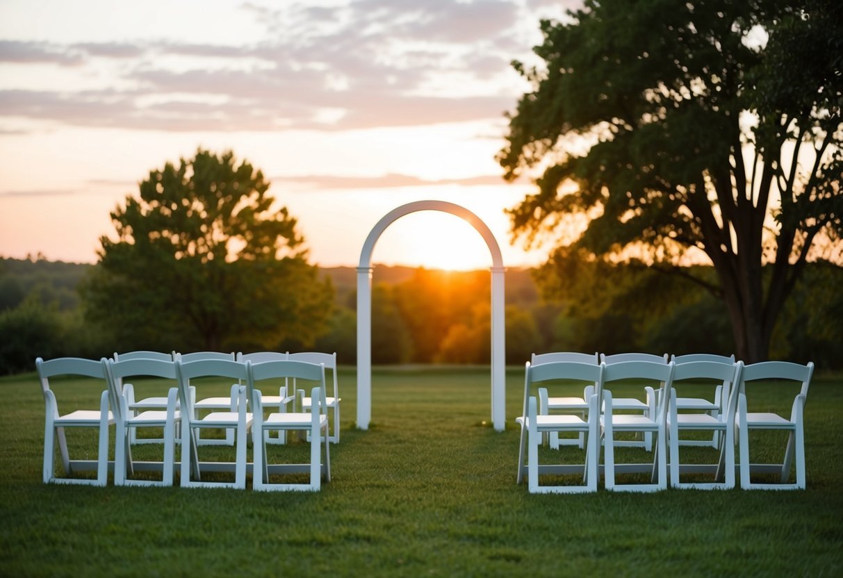 A serene outdoor setting with a simple arch and chairs arranged in a semi-circle. The sun is beginning to set, casting a warm glow over the area