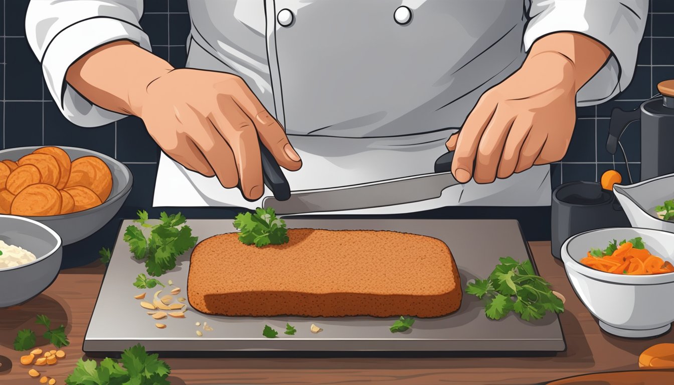 A chef slicing and seasoning a seitan cutlet as a substitute for duck breast