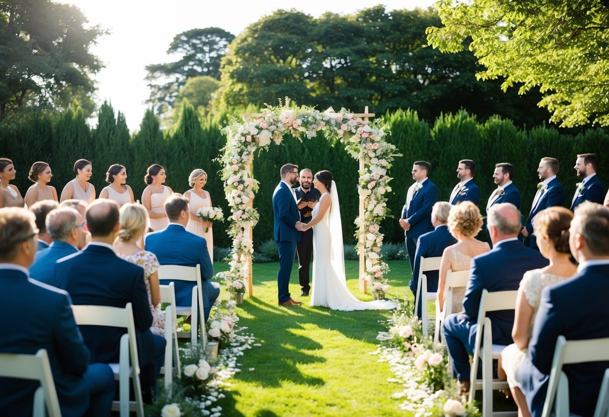 Guests gather in a sunlit garden, watching as a couple exchanges vows under a floral arch. A celebrant presides over the intimate, non-religious ceremony