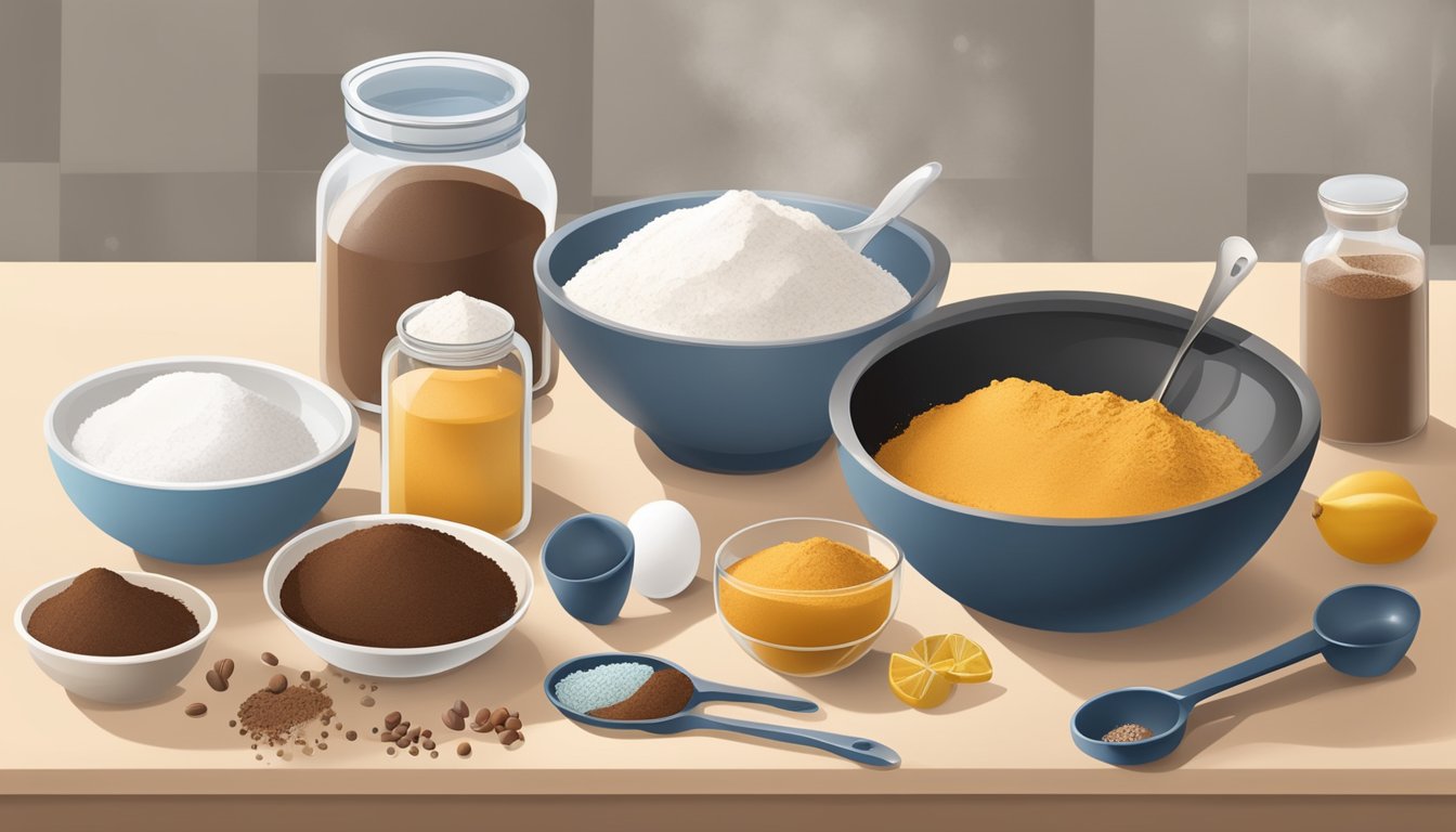 A kitchen counter with various ingredients and utensils for baking, including cocoa powder, measuring spoons, and a mixing bowl